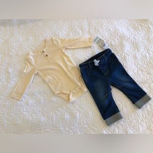 Gender neutral outfit, jeans, onesie henley, girl, boy, size 6/9 months